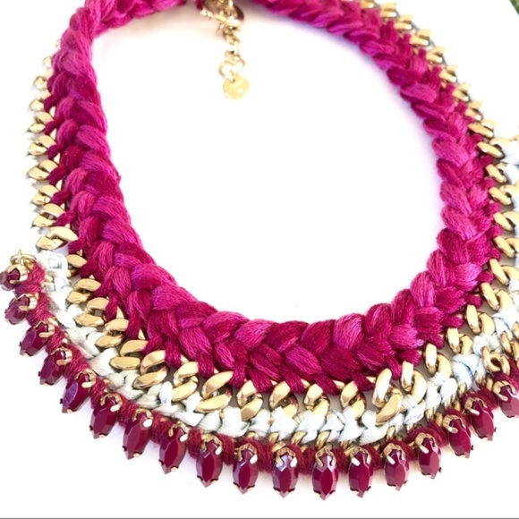 Ann taylor LOFT Neon Magenta Gold Crystal Link Braided Fringe Necklace NWT 49 - Picture 4 of 4
